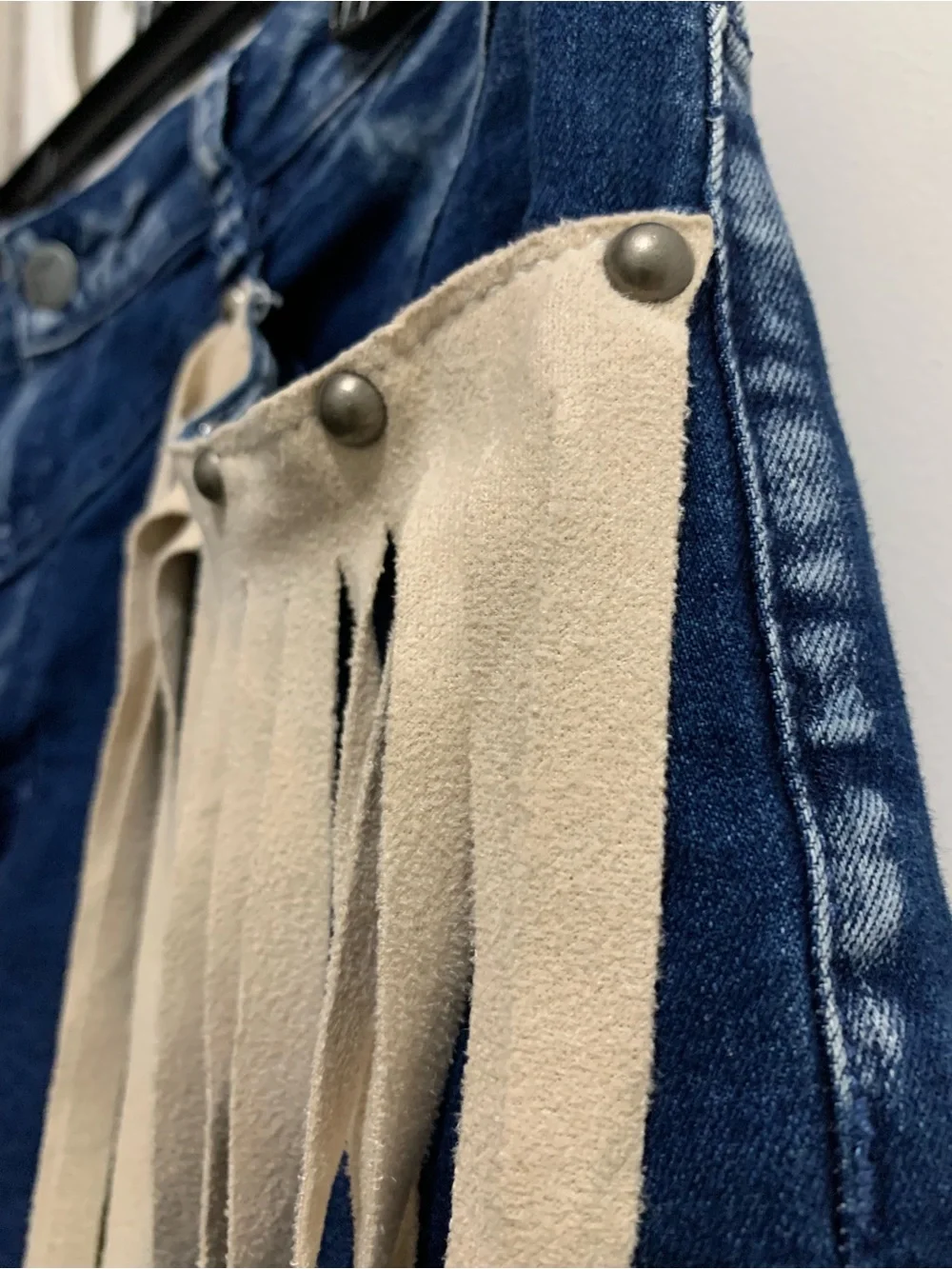 Crazy Train Dark Blue Denim Jean Shorts with Cream Fringe